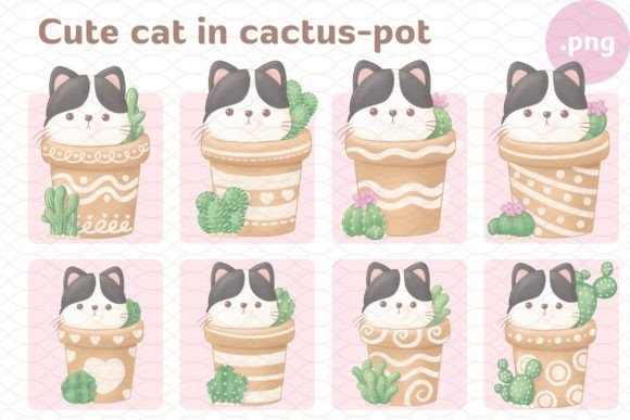 Black and White Cat in Cactus Pot