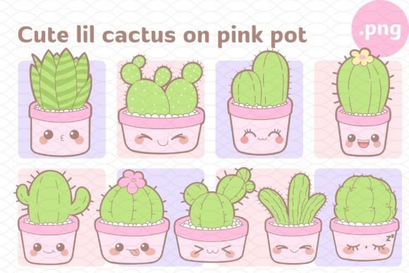 Cute Cactus on Pink Pot Set 1
